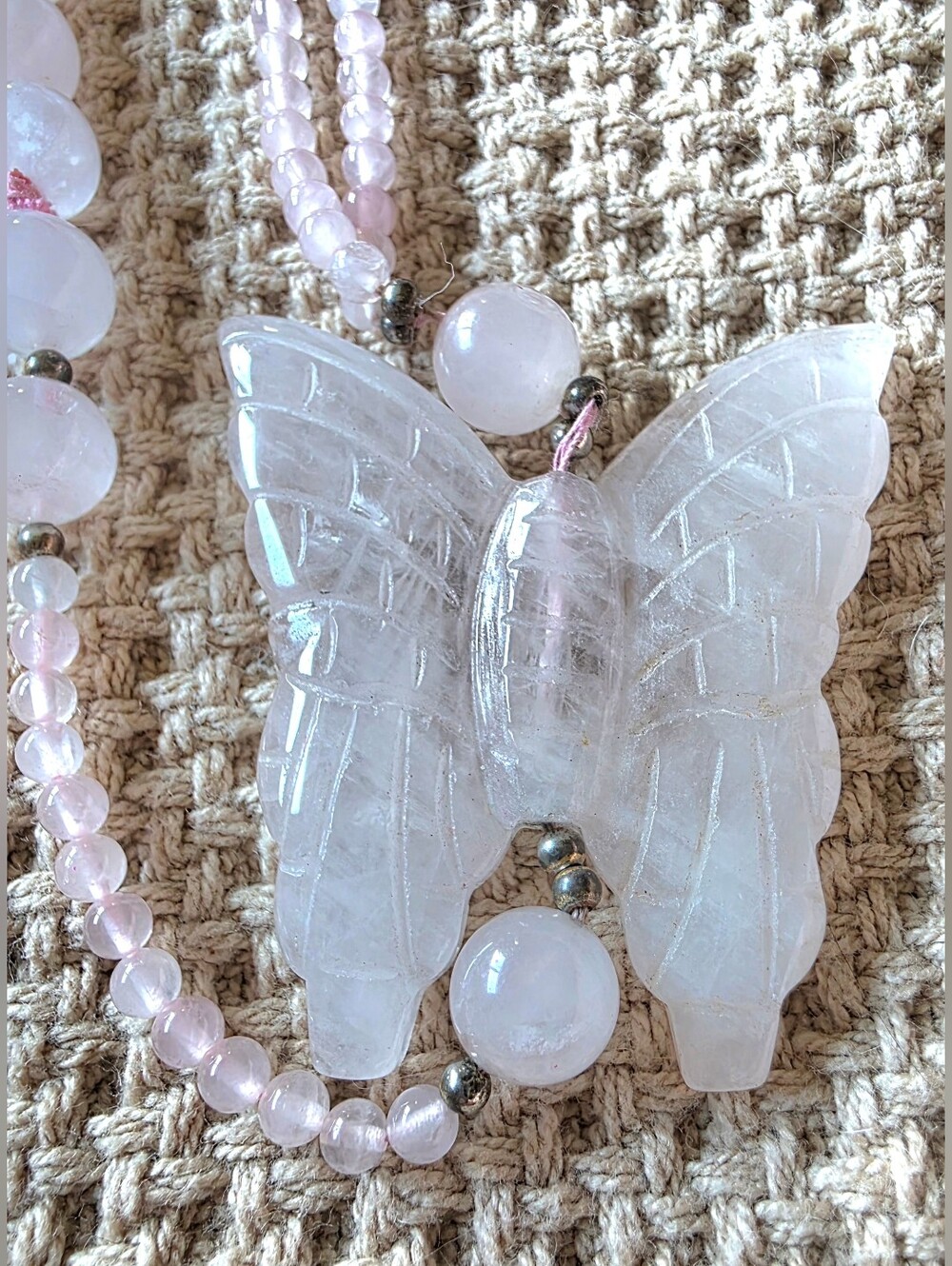 Vintage Artisan Rose Quartz Crystal Bead Necklace Butterfly Pendant - Picture 6 of 9